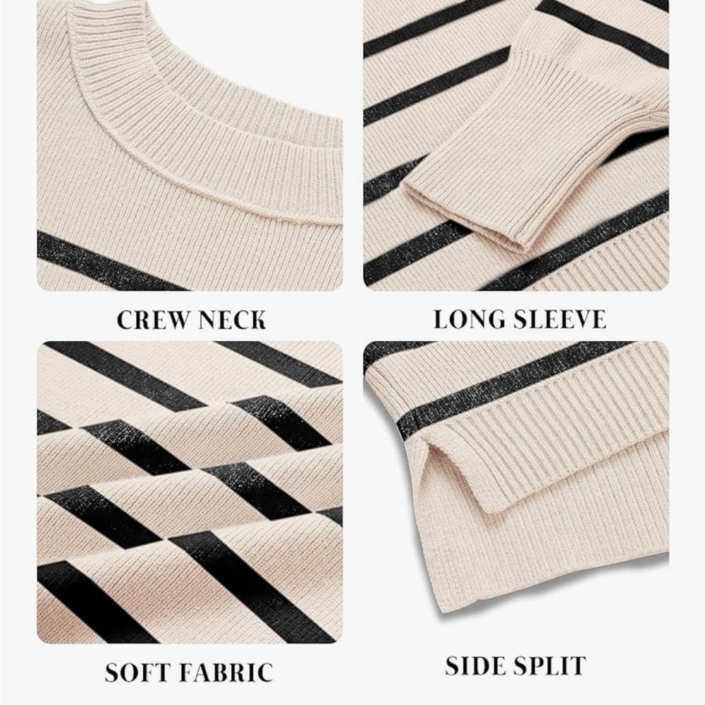Merokeety Striped Cropped Sweater Cream Black Ribbed Knit Crew Neck NWOT - Picture 3 of 6